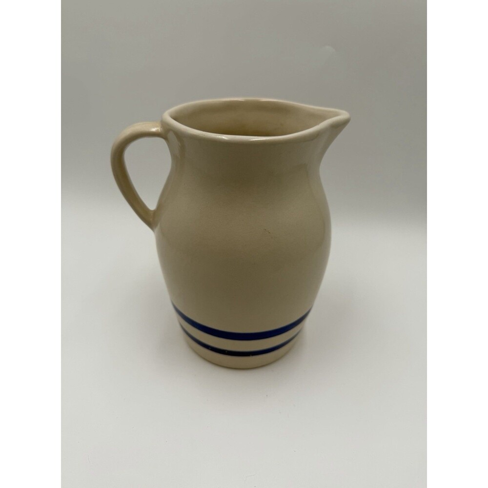 Vintage Robinson Ransbottom Stoneware Pitcher Blue Stripe Roseville OH 2 Qt 8"
